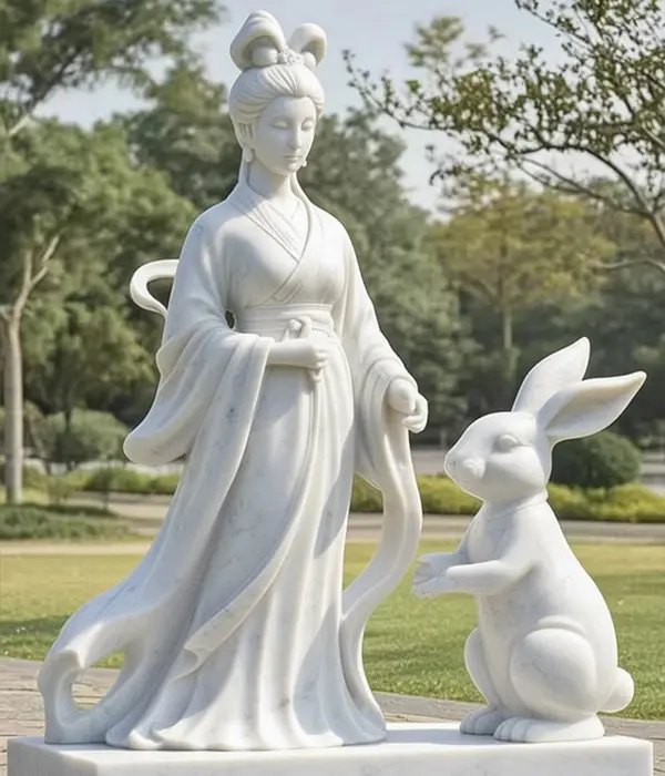 Completed custom white marble statue of lady and rabbit for garden
