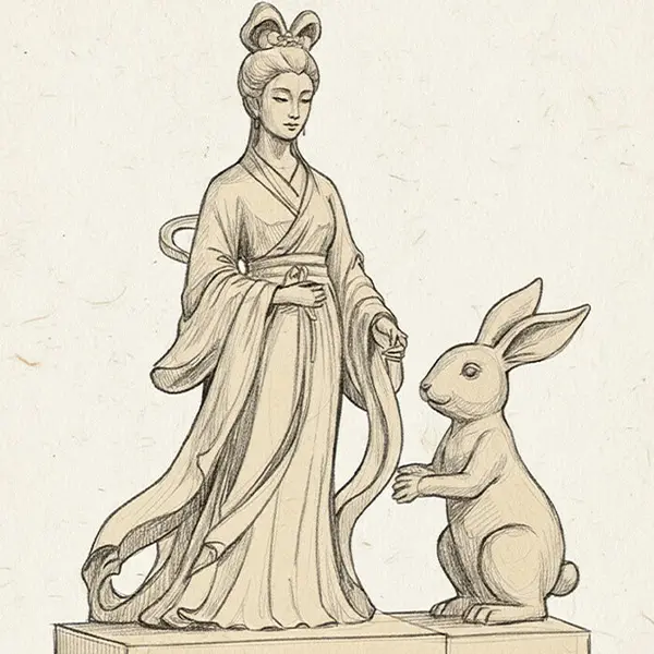 Hand drawn sketch design concept for custom marble lady and rabbit statue