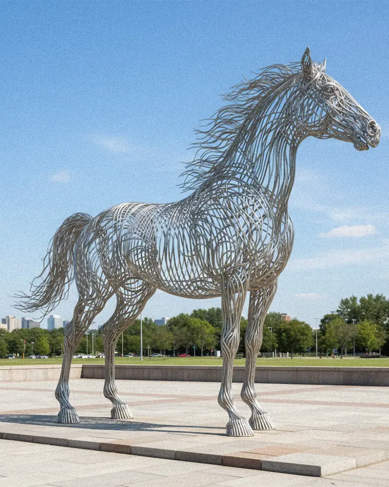 Life-size stainless steel wire horse sculpture woven metal art