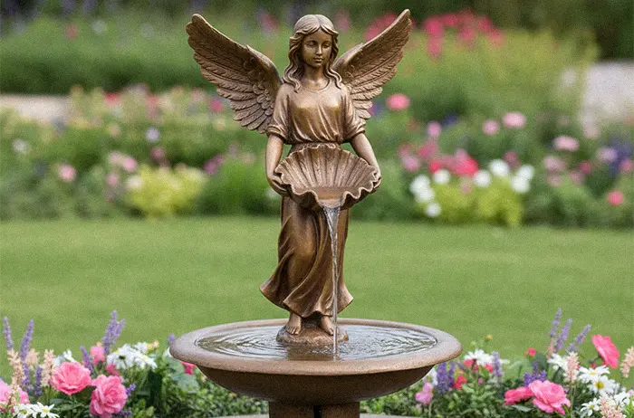 Outdoor bronze angel water fountain statue pouring water from a shell