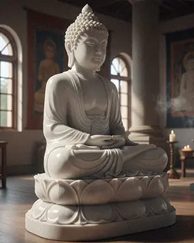 White marble Buddha statue sitting on lotus base