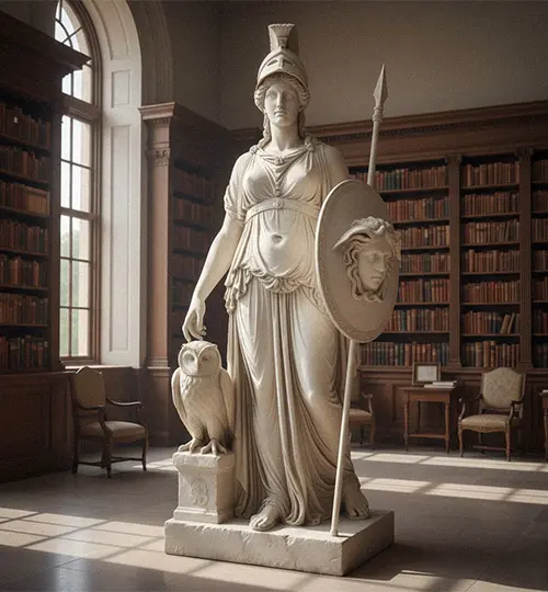 Greek Goddess Athena statue wearing helmet and holding spear for library or garden