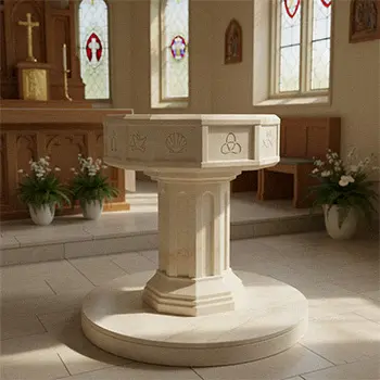 Cream beige marble baptismal font matching church interior style