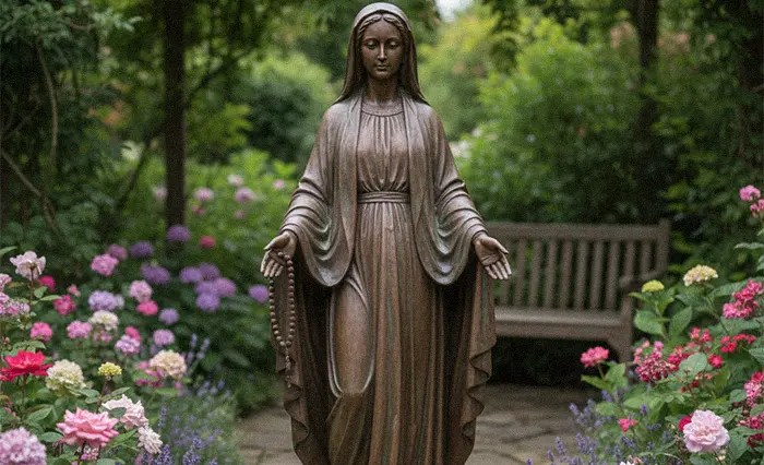 Weatherproof bronze Virgin Mary garden statue surrounded by flowers