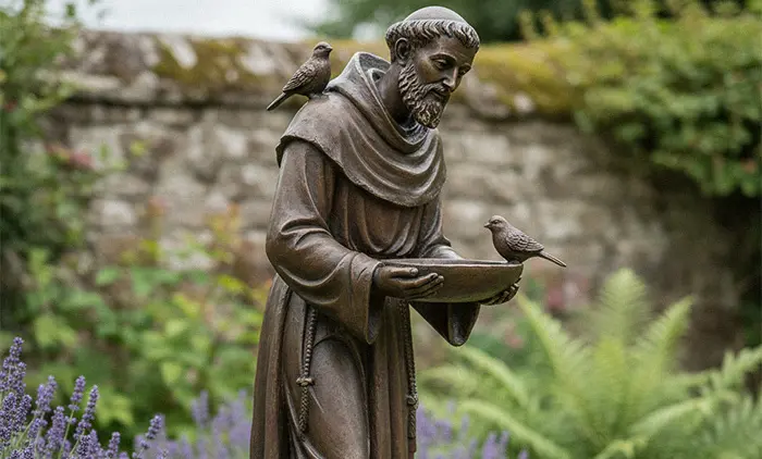 Bronze St Francis garden statue holding a bird feeder bowl with doves