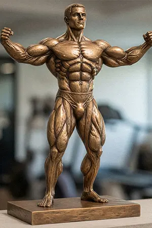 Bronze bodybuilder statue showcasing incredible muscle definition, inspiring strength for gyms and fitness centers.
