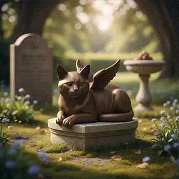 Bronze cat angel statue with wings sitting on pedestal
