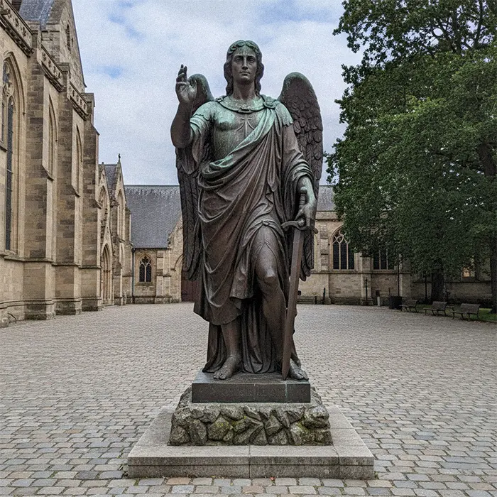 Large outdoor bronze Guardian Angel or St Michael statue