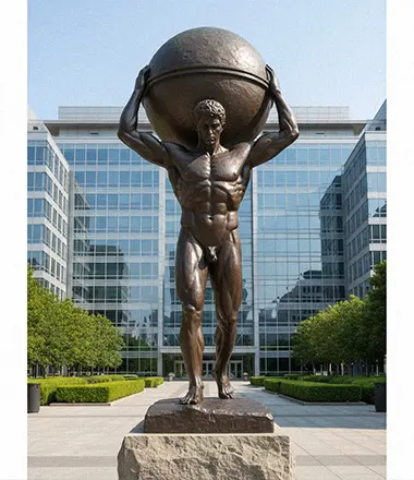 Bronze Atlas statue holding the world on his shoulders for corporate plaza