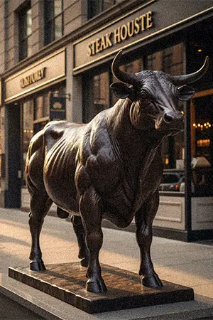 Life-size bronze Highland Cow statue with long shaggy hair texture for restaurant display