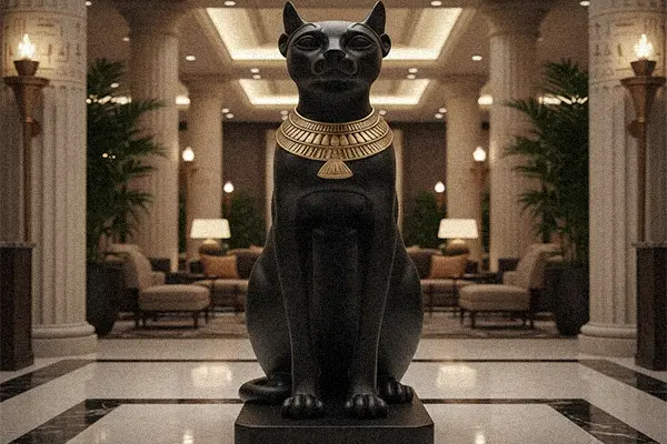 Black Egyptian cat goddess Bastet statue with gold necklace