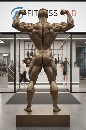 Arnold style bodybuilding sculpture, custom-made for fitness clubs to motivate members.