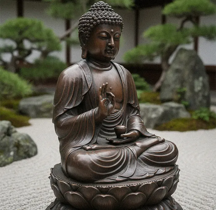 Traditional bronze Buddha statue with a dark brown antique patina, demonstrating durability for centuries.