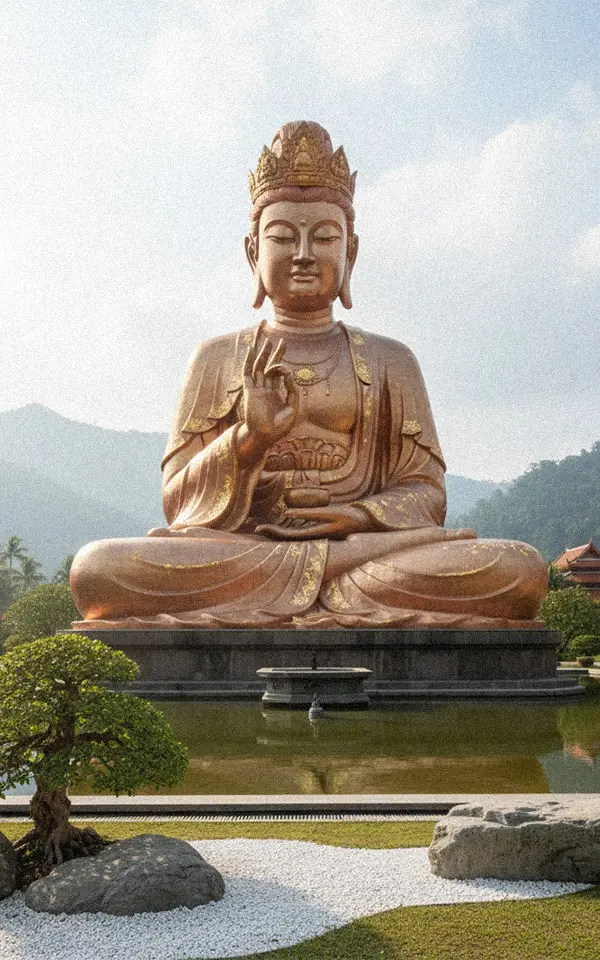 Monumental gold bronze Bodhisattva statue with calm expression, ideal for large temples and spiritual gardens.