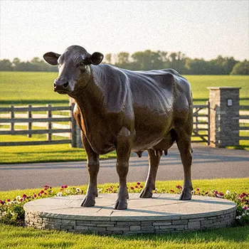 Bronze cow statue standing outdoors in sun