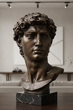 Bronze Michelangelo David bust statue showing detailed head and shoulders