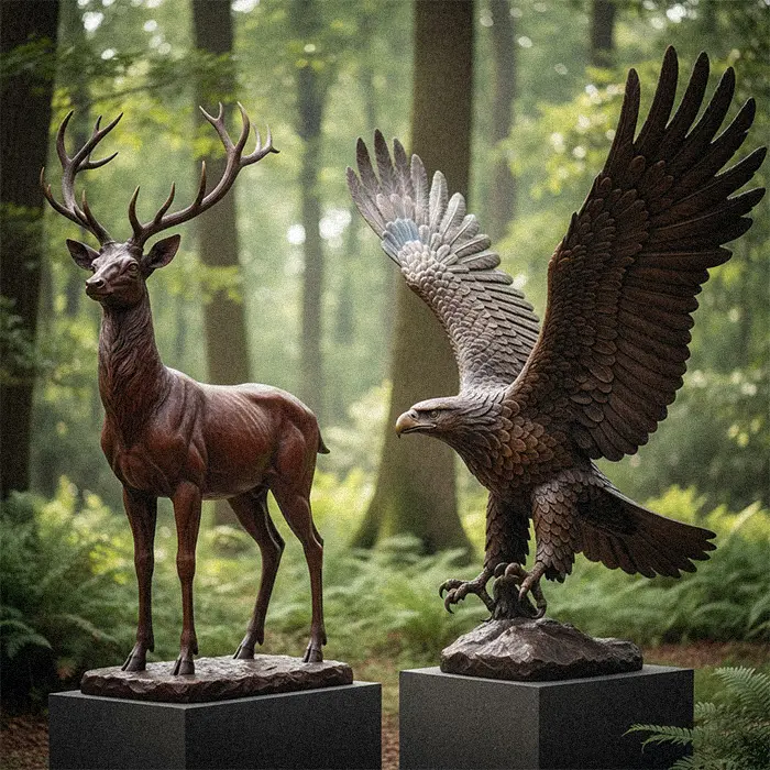 Bronze elk and eagle statue wildlife art composition