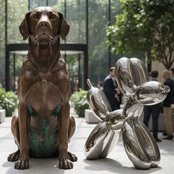 Abstract stainless steel balloon dog statue standing next to bronze dog