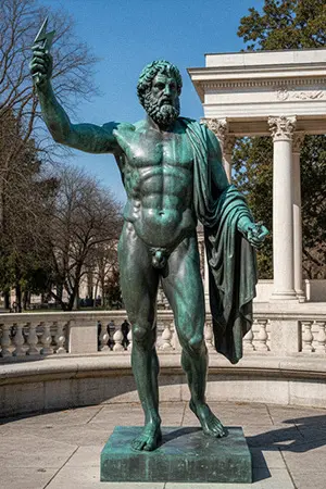 Antique bronze Greek god sculpture with green patina finish