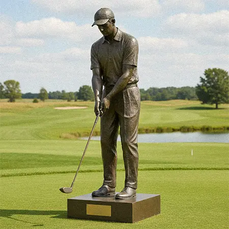 Durable bronze golfer statue on a golf course, illustrating the longevity and zero maintenance of bronze golf statues.