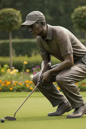 Bronze golf statue of a male golfer in a focused putting pose, ideal for garden golf settings.