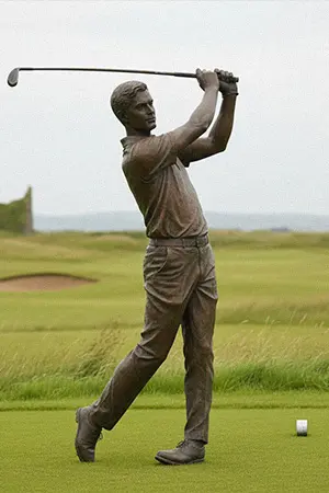Life-size bronze golfer statue in a powerful driving pose, perfect for tee box display.