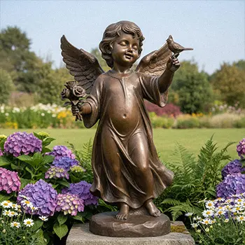 Cute standing bronze garden cherub angel statue holding flowers
