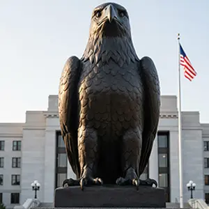 Sitting bald eagle statue guardian for government building entrance