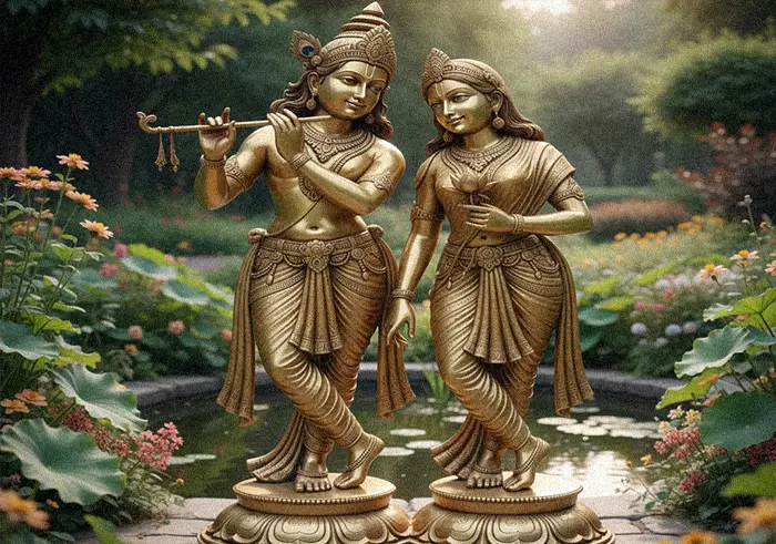 Life-size bronze Radha Krishna statue standing together representing divine love