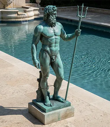 Bronze Poseidon statue with trident installed by a luxury swimming pool