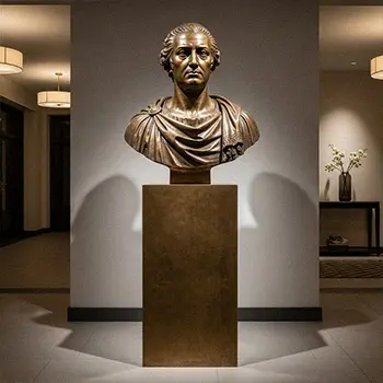 Life-size bronze head bust sculpture displayed on a tall pedestal in hallway