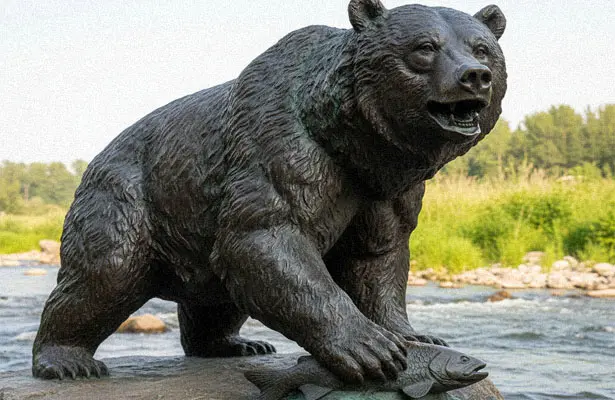 Black bear bronze sculpture catching fish in river