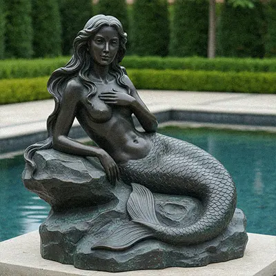 Heavy bronze mermaid sculpture sitting on pool edge