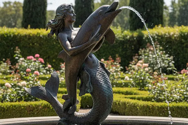 Antique bronze dolphin fountain statue in garden pool