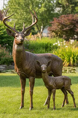 Bronze deer family statues buck doe and fawn on lawn