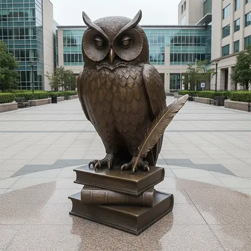 Large bronze owl statue standing on books wisdom symbol for library