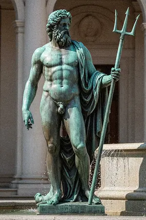 Antique green patina bronze Poseidon statue detail