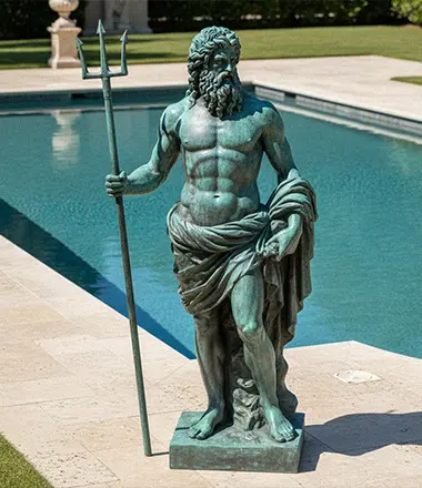 Life-size bronze Poseidon statue standing by luxury swimming pool