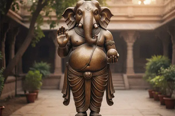 Large antique bronze Hindu God Ganesha statue standing in temple courtyard