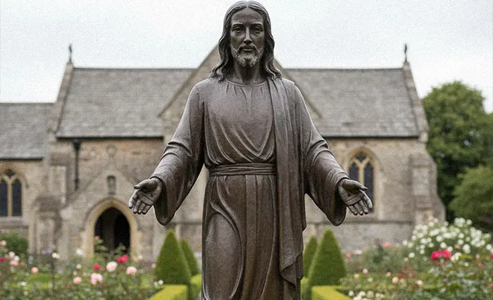 Large bronze Sacred Heart of Jesus statue with open arms in garden