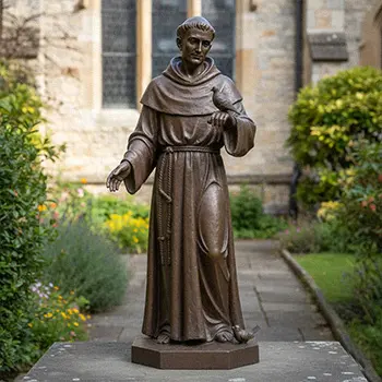 Bronze St Francis statue standing in garden with birds