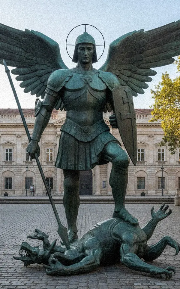 Large outdoor bronze St Michael statue defeating the devil in public square