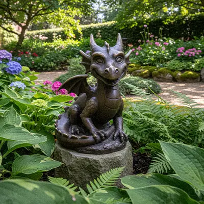 Small garden dragon statue hiding in bushes