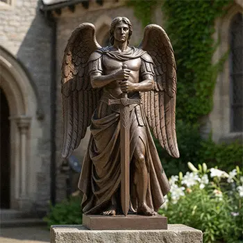 Bronze St. Michael the Archangel statue holding sword for protection