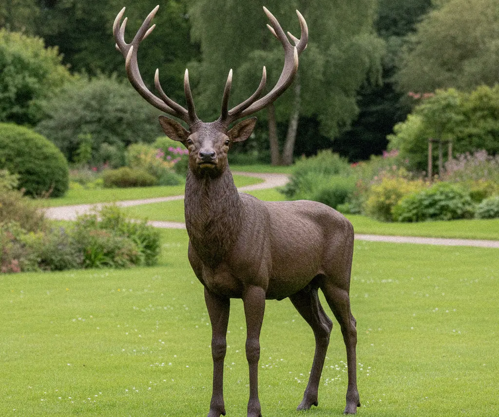 Large bronze stag sculpture with big antlers guardian of forest