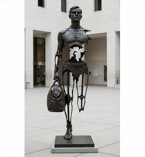 Bronze Vanishing Man traveler statue with missing body optical illusion