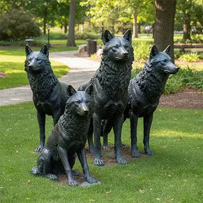 Group of bronze wolf statues pack walking in forest