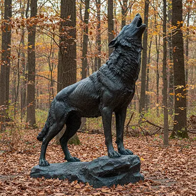 Bronze howling wolf statue head thrown back