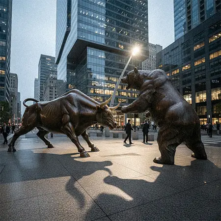 Large bronze Bull and Bear statue set for stock market office