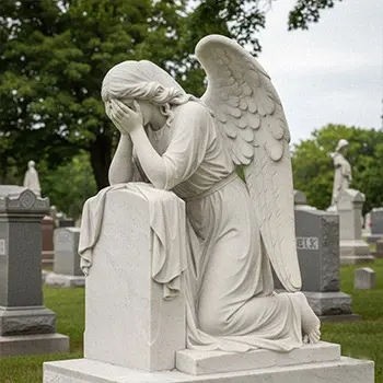 White marble weeping angel headstone monument in cemetery